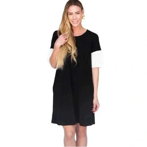 Agnes & Dora Black Dress with White Inverted Pleat Sleeves, Side Pockets - Picture 1 of 3